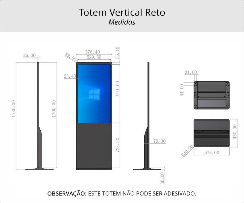 Medidas totem vertical reto ultrafino para locação