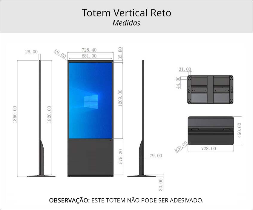 Medidas totem vertical reto ultrafino para locação